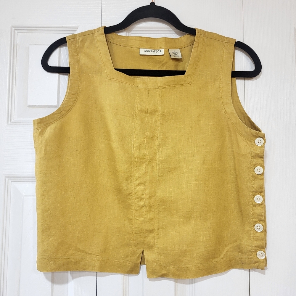 Ann Taylor Size 8 100% Linen Mustard Yellow Sleeveless Tank Top Shirt Blouse